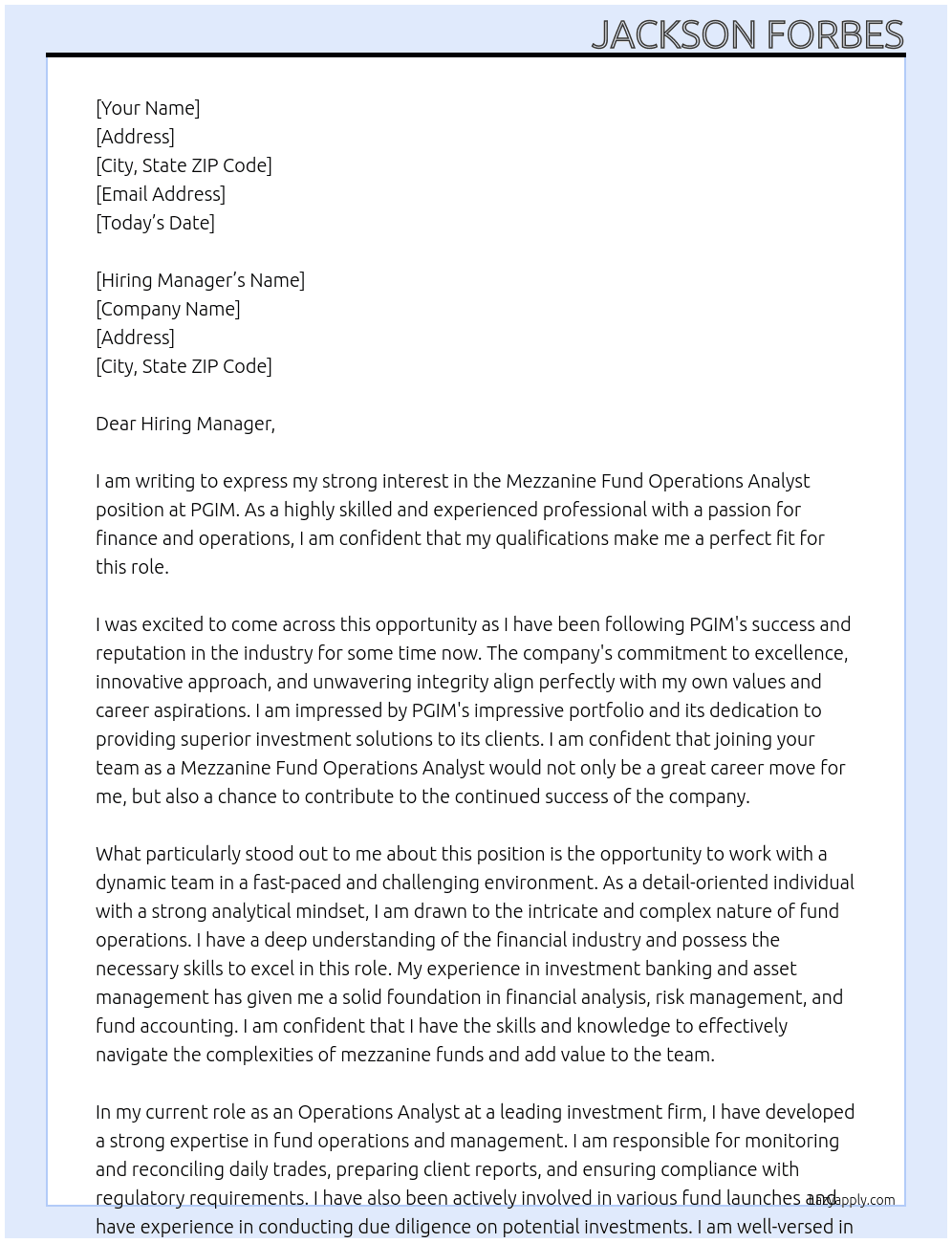 Mezzanine Fund Operations Analyst At PGIM Cover Letter