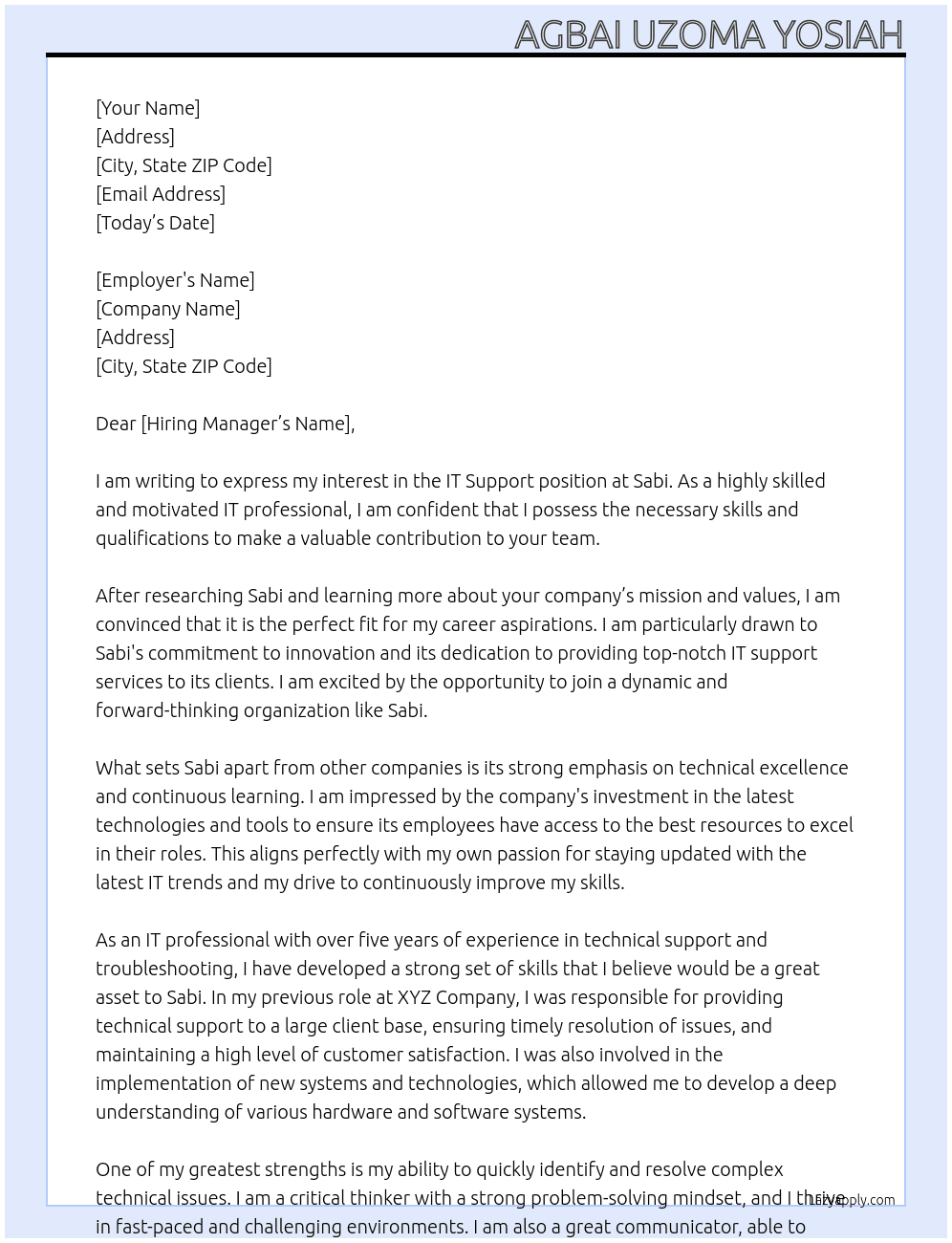 IT Support At Sabi Cover Letter