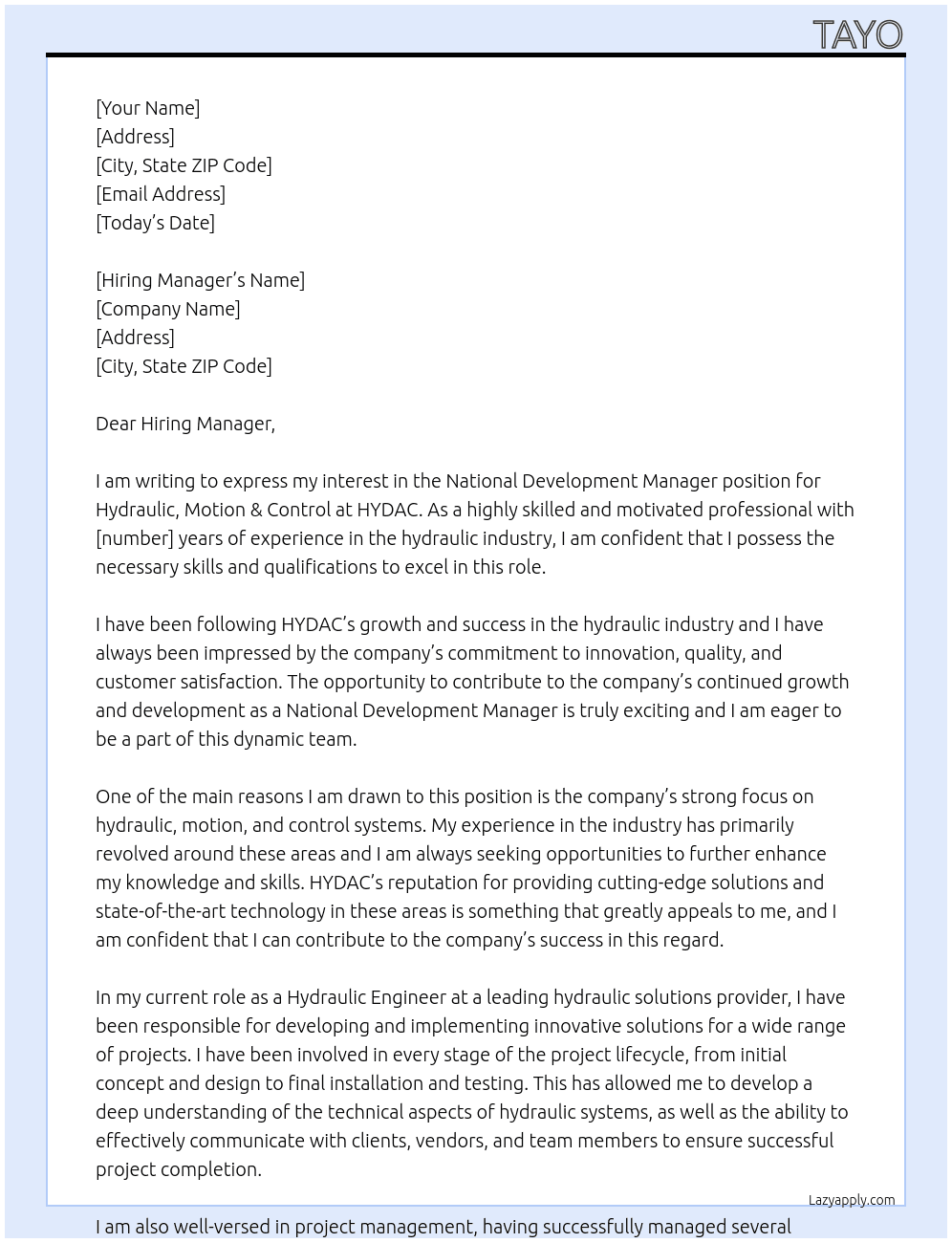 National Development Manager - Hydraulic, Motion & Control At HYDAC Cover Letter