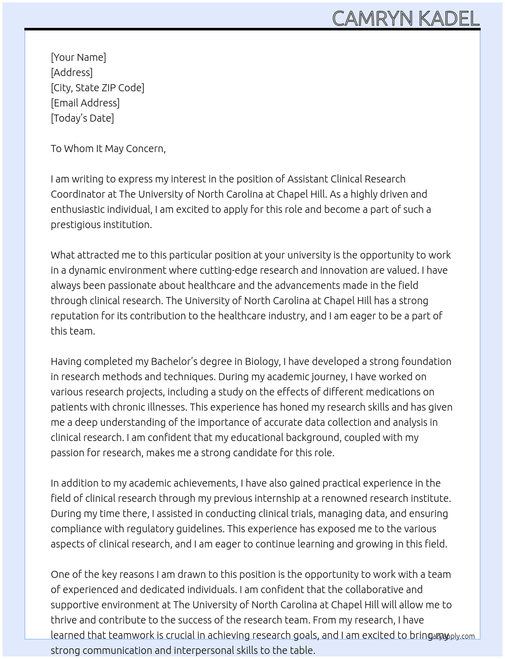 Assistant Clinical Research Coordinator At The University of North Carolina at Chapel Hill Cover Letter