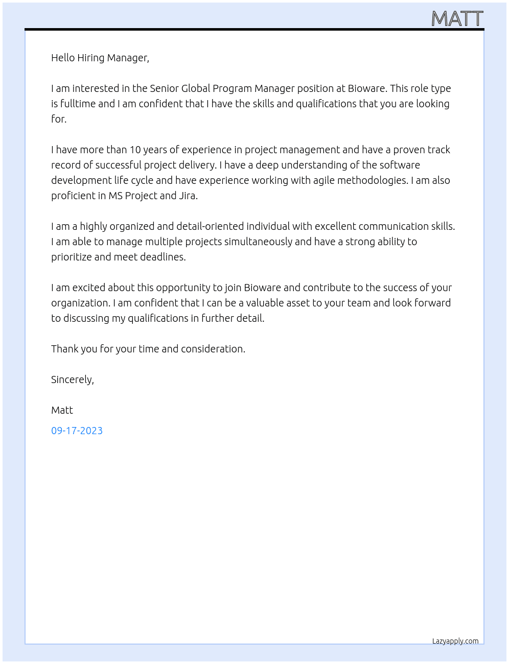 Senior Global Program Manager At Bioware Cover Letter