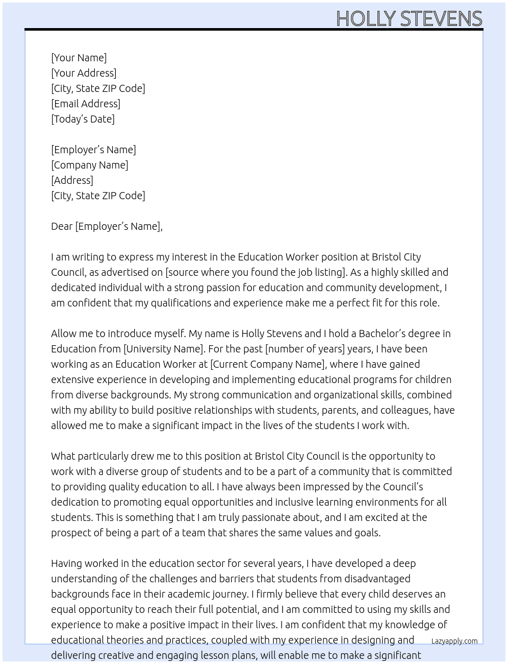 Education Worker At Bristol City Council Cover Letter