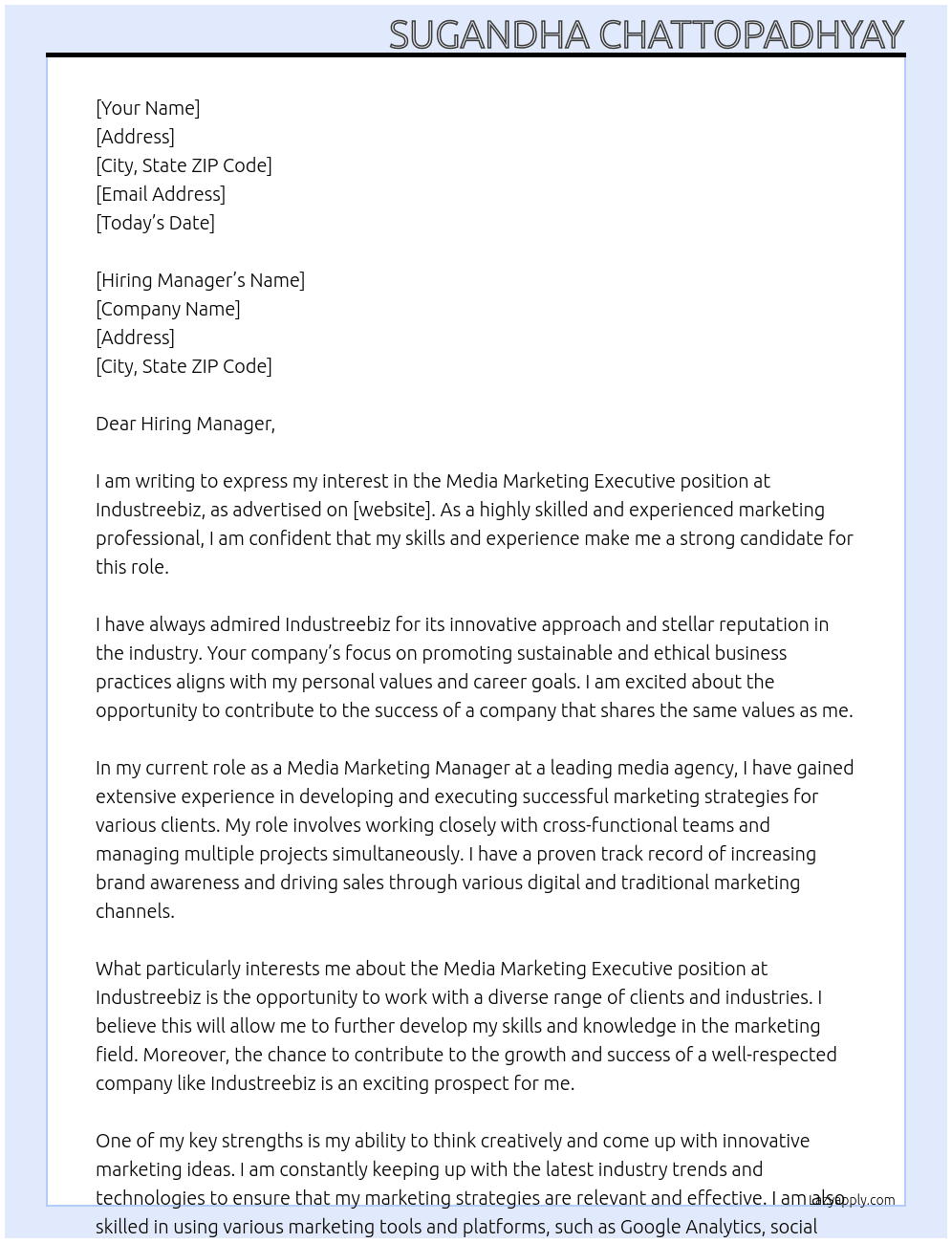 Media Marketing executive  At Industreebiz Cover Letter