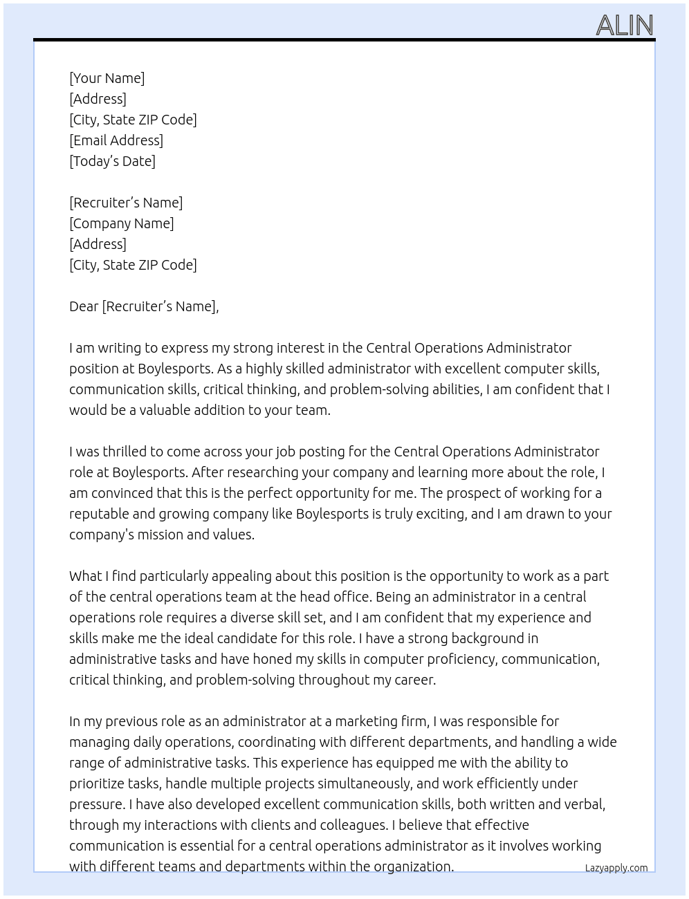 Central Operations Administrator At Boylesports Cover Letter