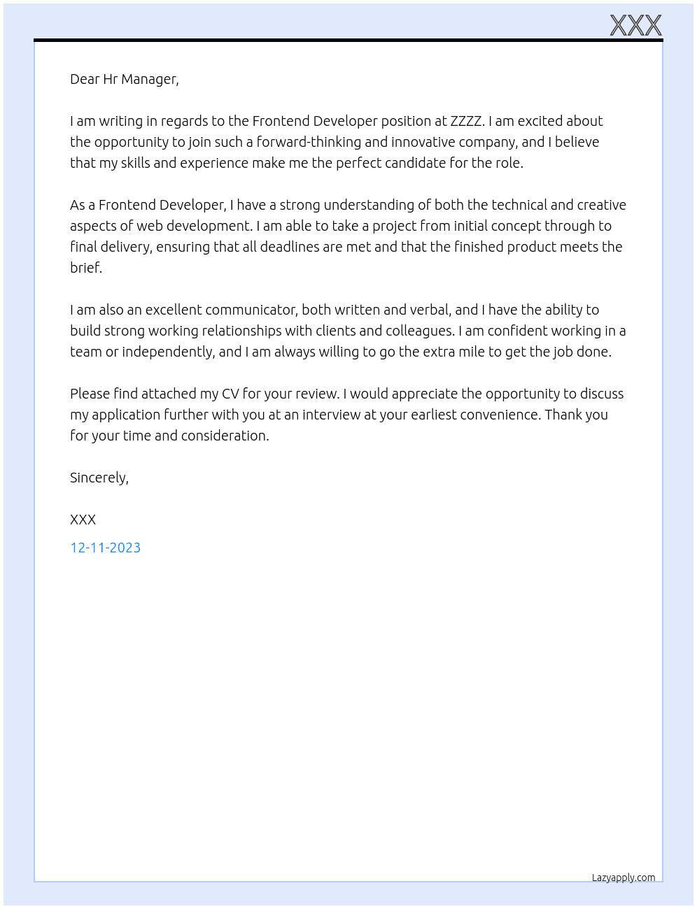 Frontend Developer At ZZZZ Cover Letter