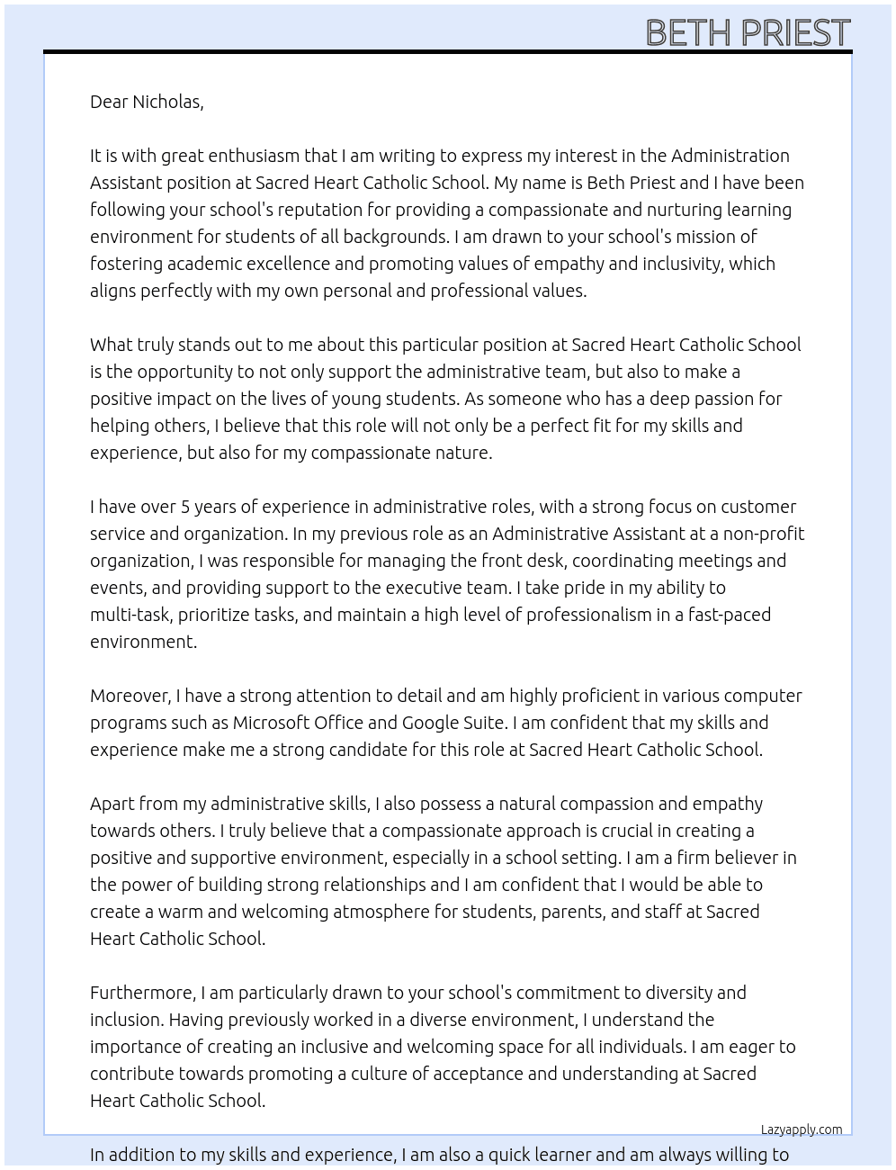 Administration Assistant At Sacred Heart Catholic School Cover Letter