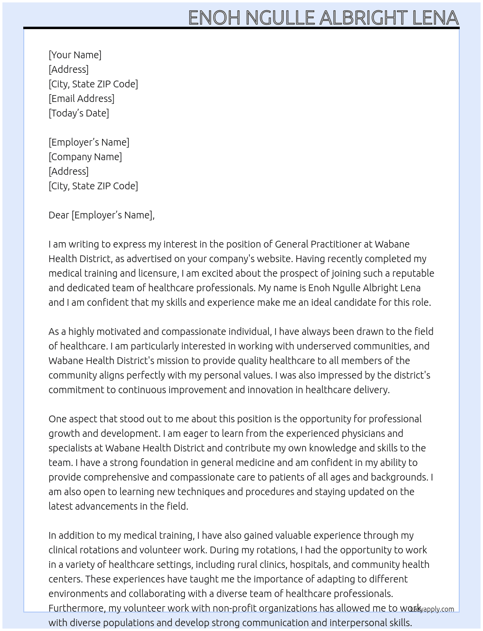 General Practitioner  At Wabane Health District  Cover Letter