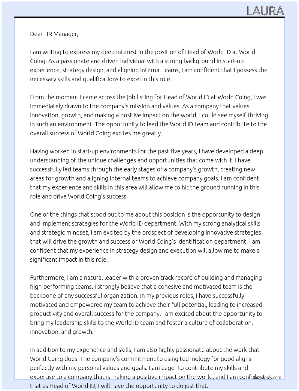 Head of World ID At world coing Cover Letter
