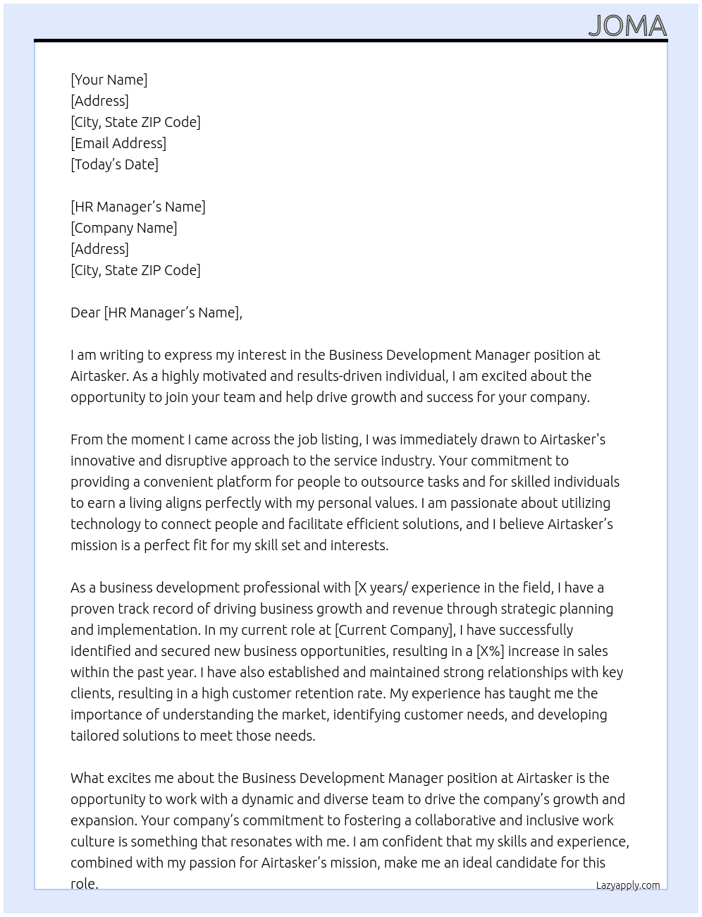 business development manager At airtasker Cover Letter