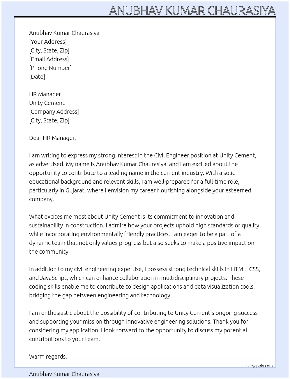 Civil engineer At Unity cement Cover Letter