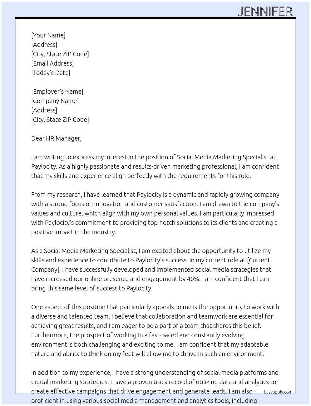 Social Media Marketing Specialist At paylocity Cover Letter
