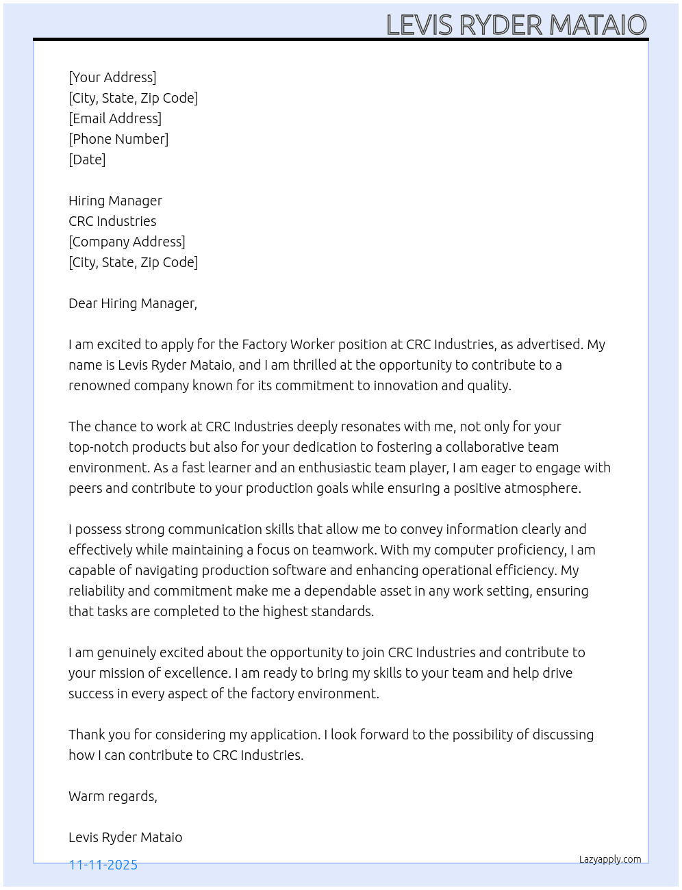 Factory Worker At CRC Industries  Cover Letter