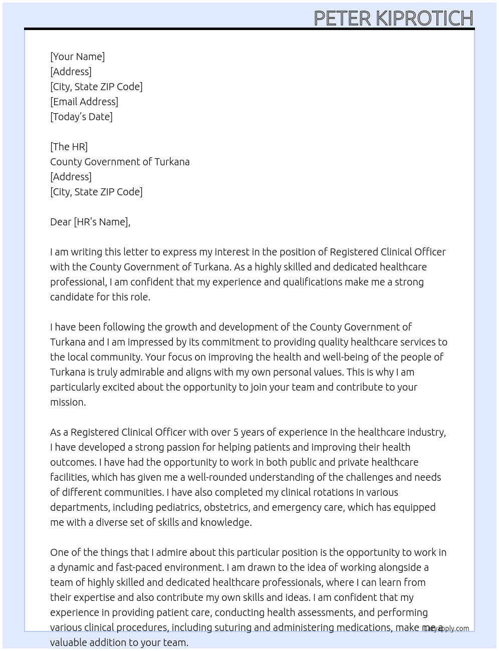 Registered Clinical Officer At County Government of Turkana Cover Letter