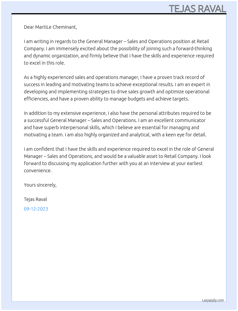 General Manager – Sales and Operations At Retail Company. Fiji Cover Letter