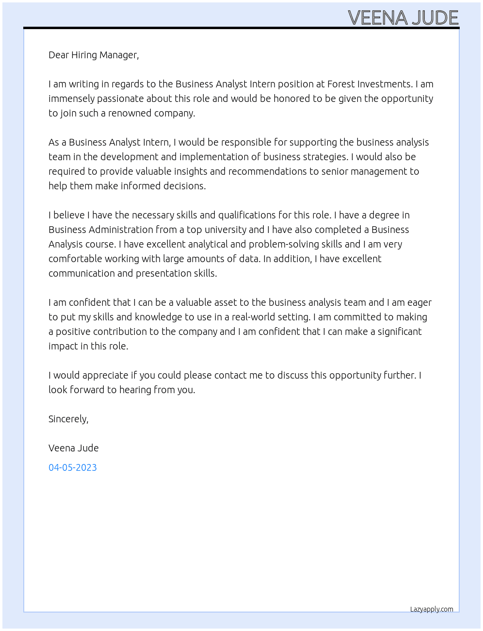 Business Analyst Intern At Forest Investments Cover Letter