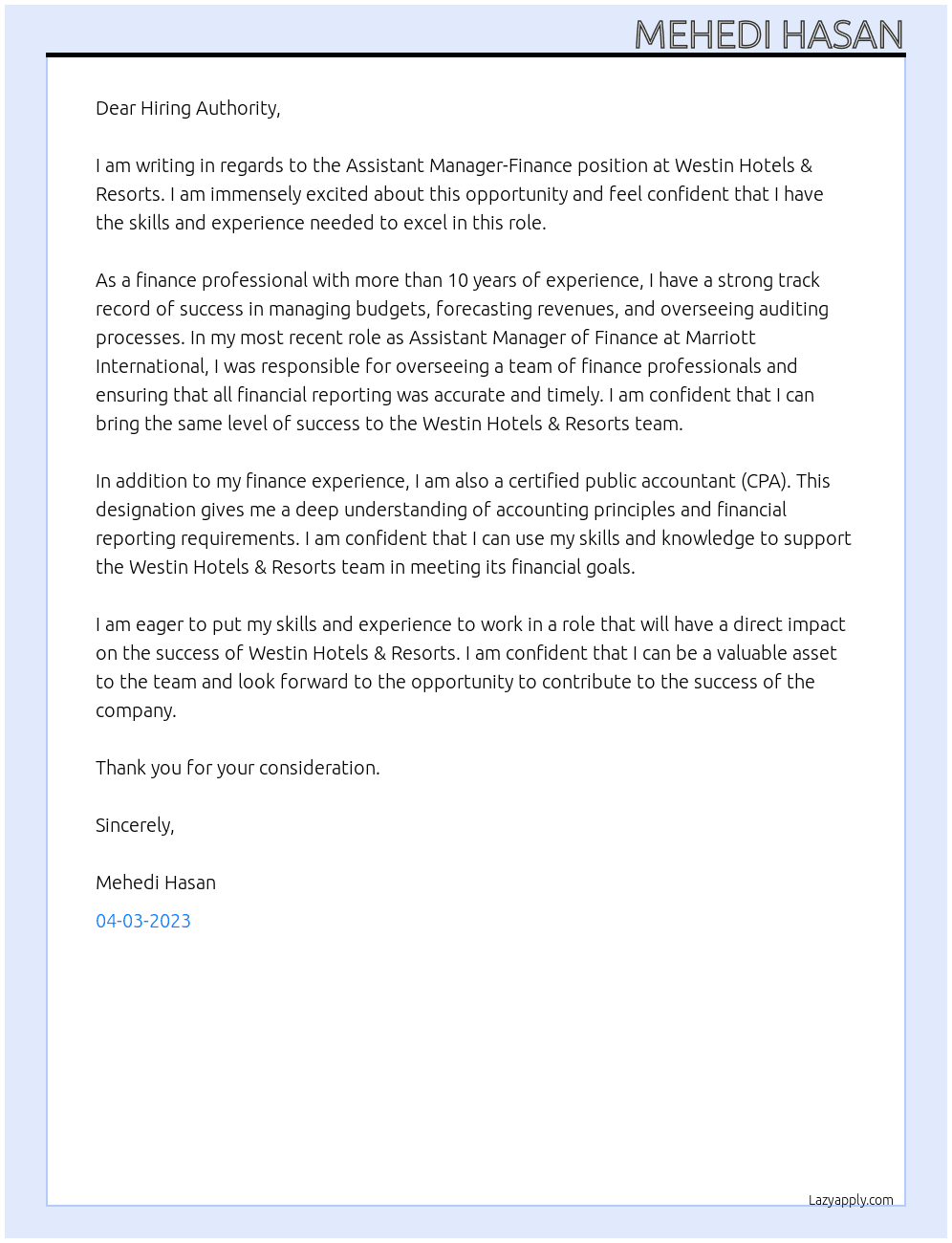 Assistant Manager-Finance  At Westin Hotels & Resorts Cover Letter