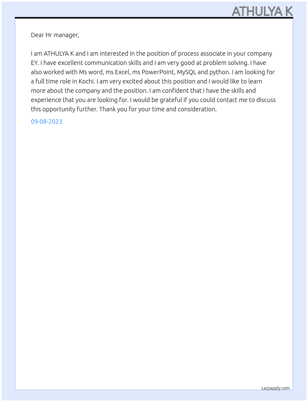 Process associate  At EY Cover Letter