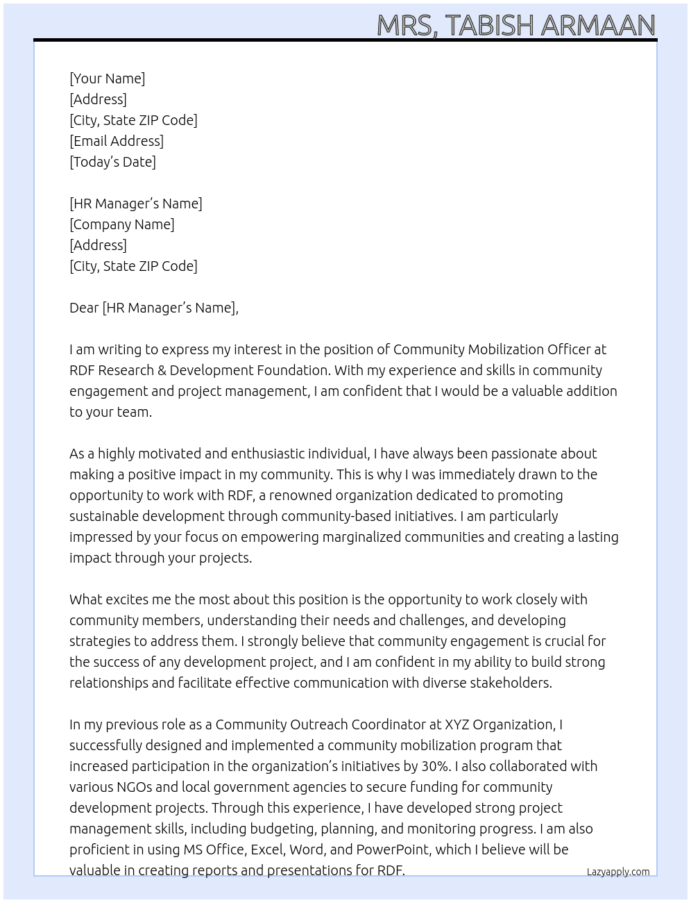 Community mobilization officer At RDF Research & Development Foundation Cover Letter