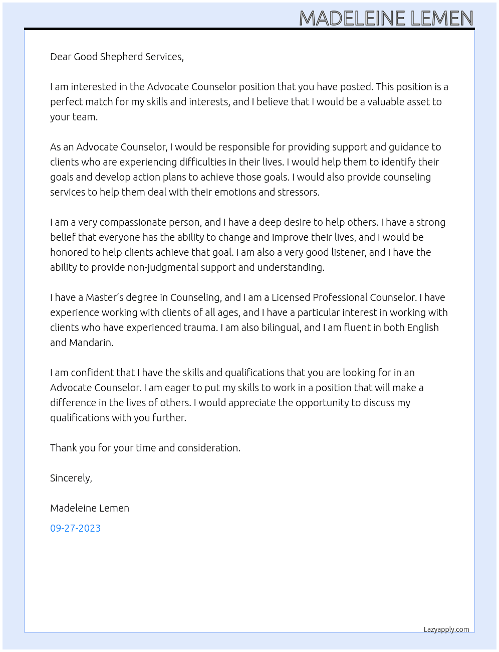 Advocate Counselor At Good Shepherd Services Cover Letter