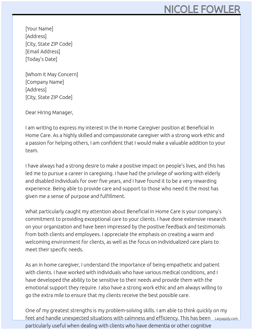 In home caregiver At Beneficial In home Care Cover Letter