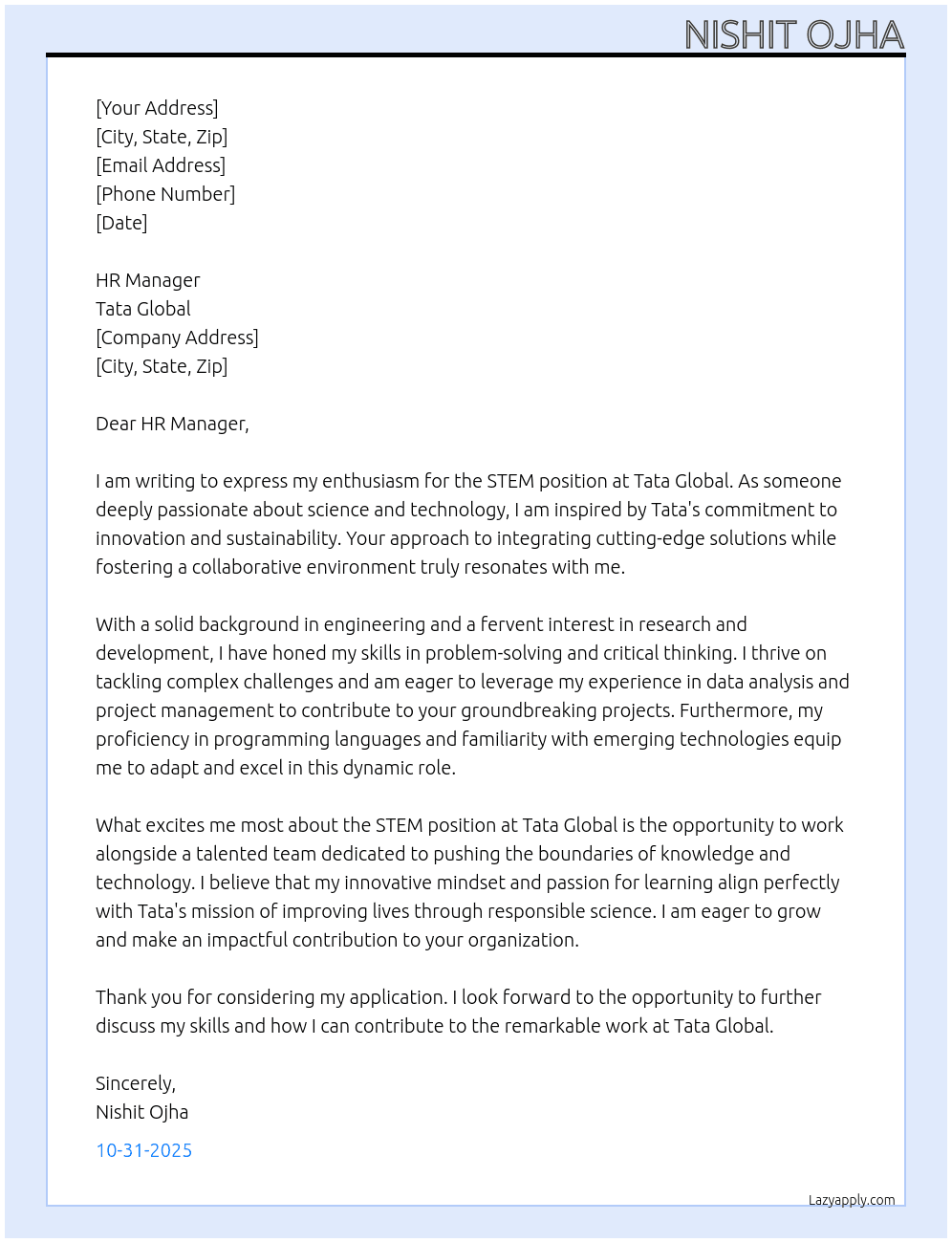STEM At Tata Global Cover Letter