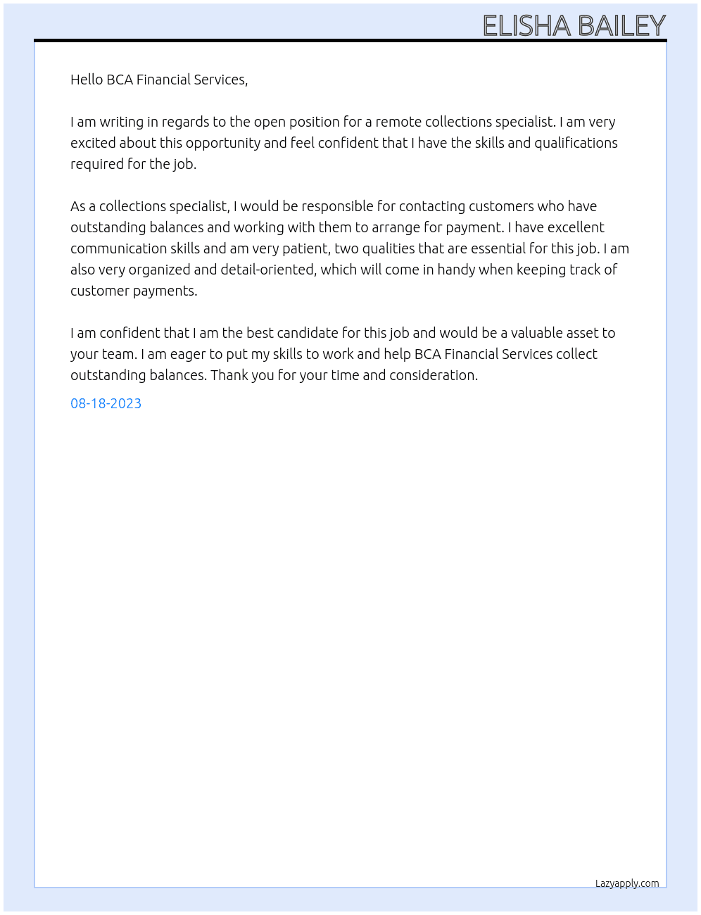 remote collections specialist  At BCA Financial Services   Cover Letter