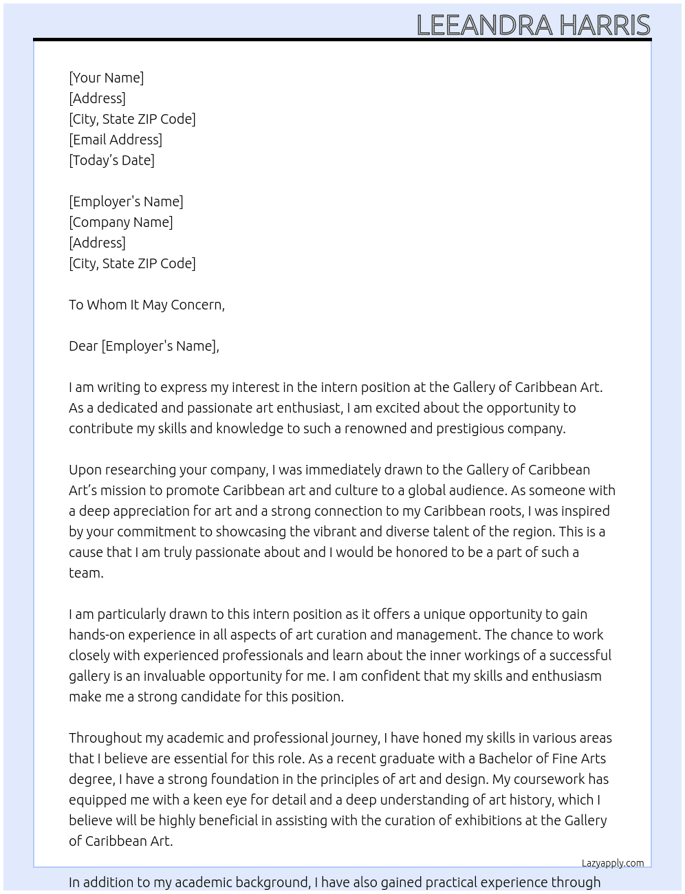 intern At Gallery of Caribbean Art Cover Letter