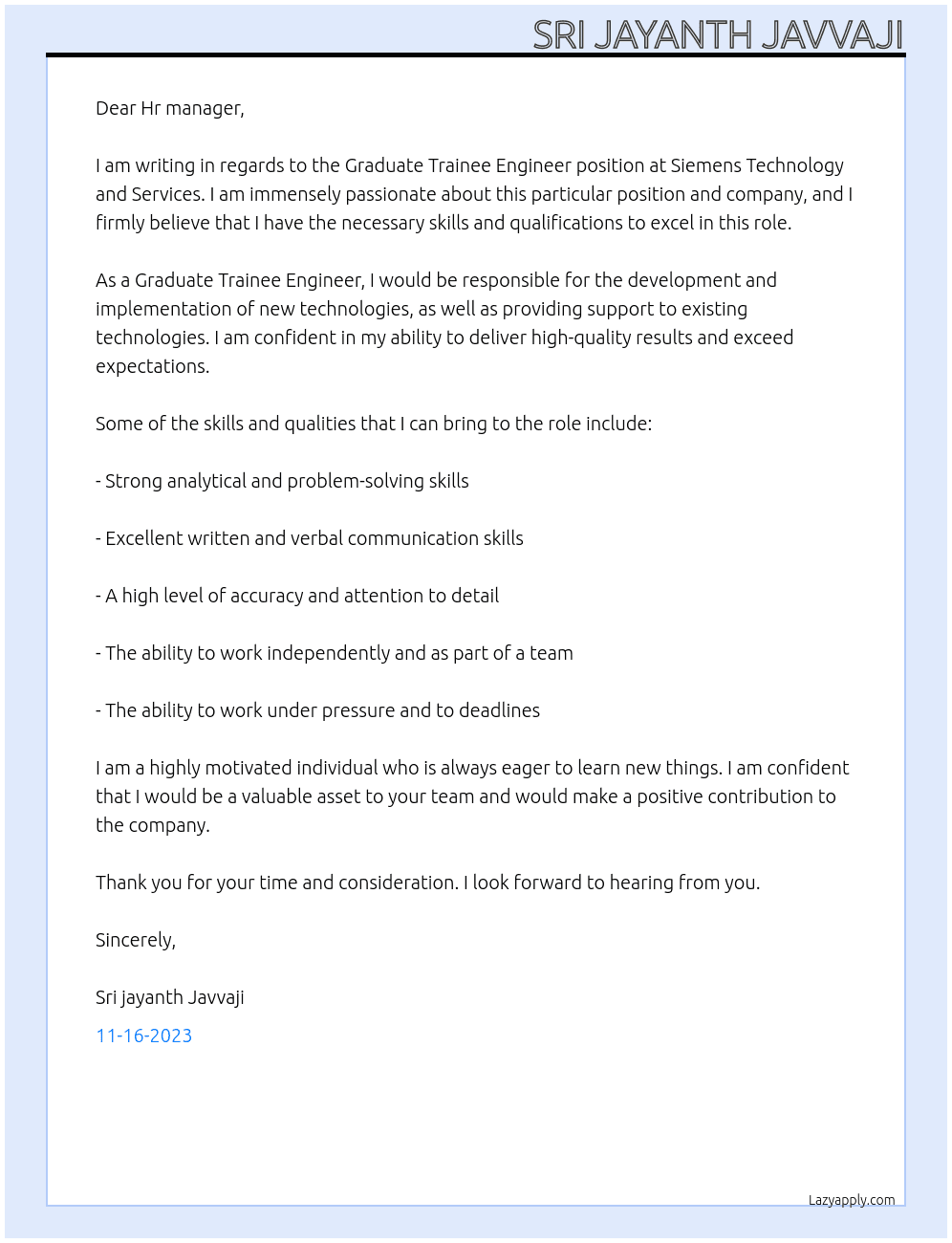 Graduate Trainee Engineer At Siemens Technology and Services Cover Letter