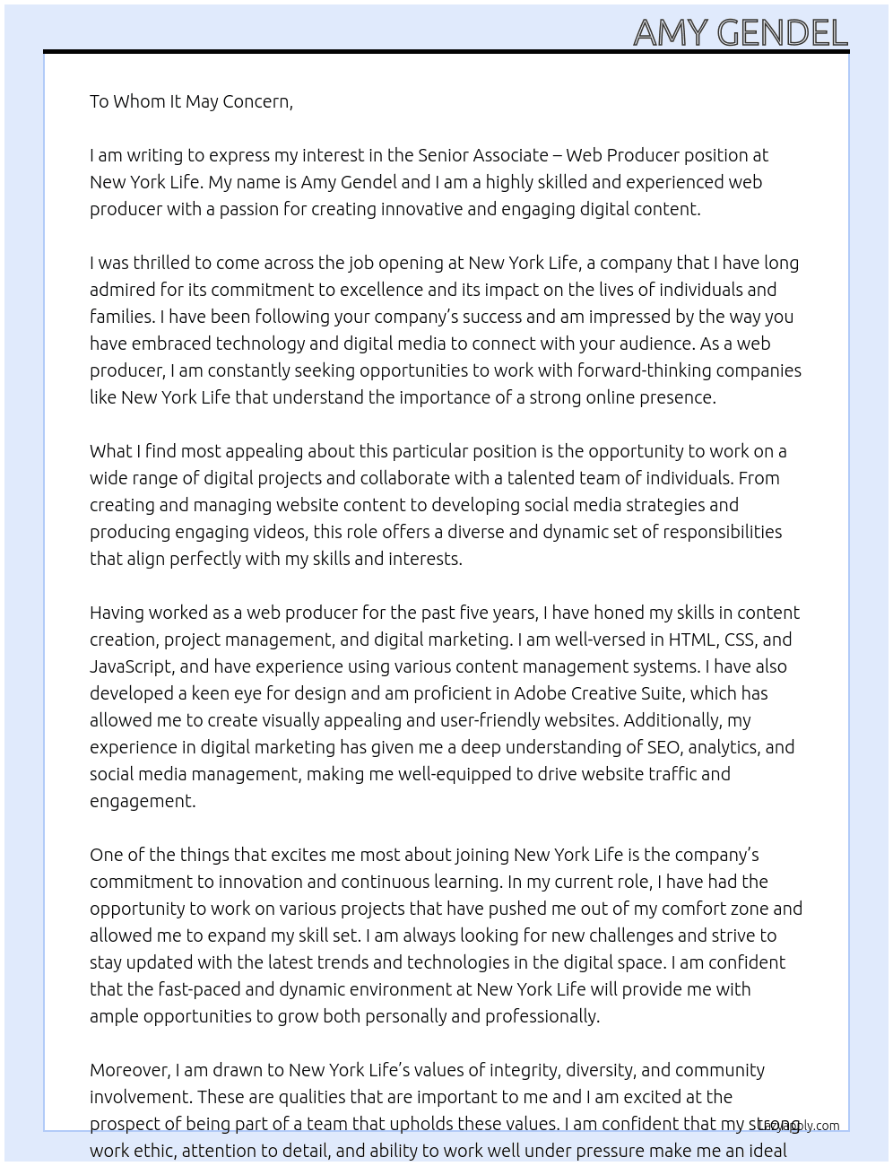 Senior Associate – Web Producer. At New York Life Cover Letter