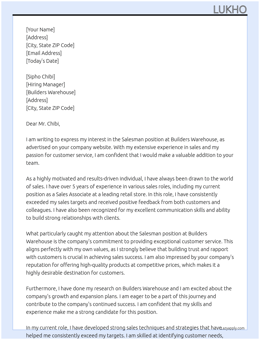 Salesman At Builders warehouse Cover Letter
