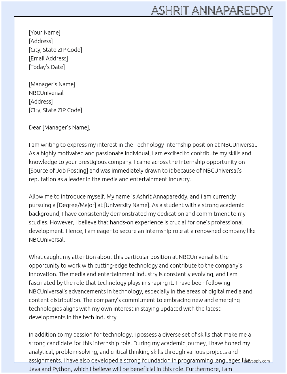 Technology Internship At NBCUniversial Cover Letter