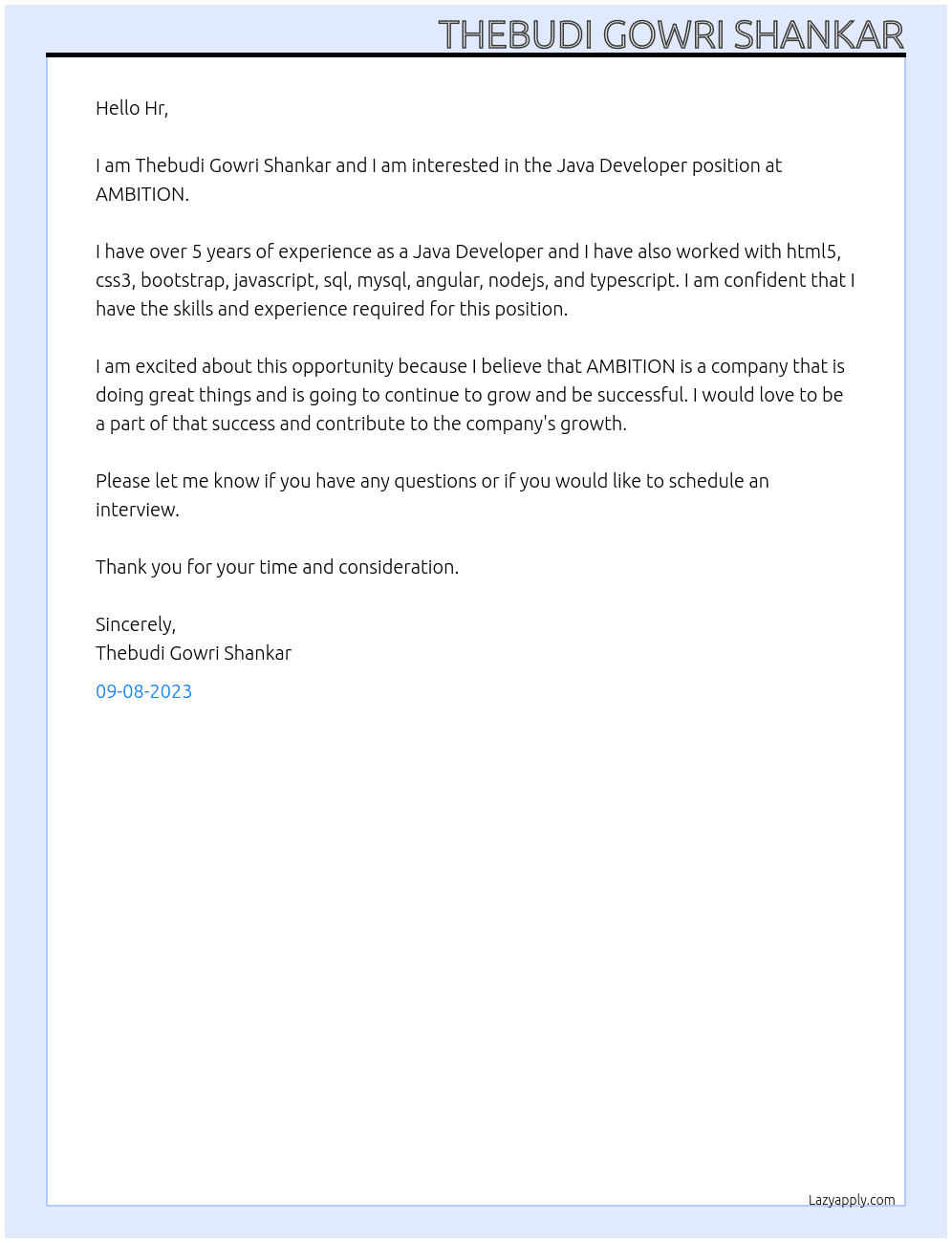 Java Developer  At AMBITION Cover Letter