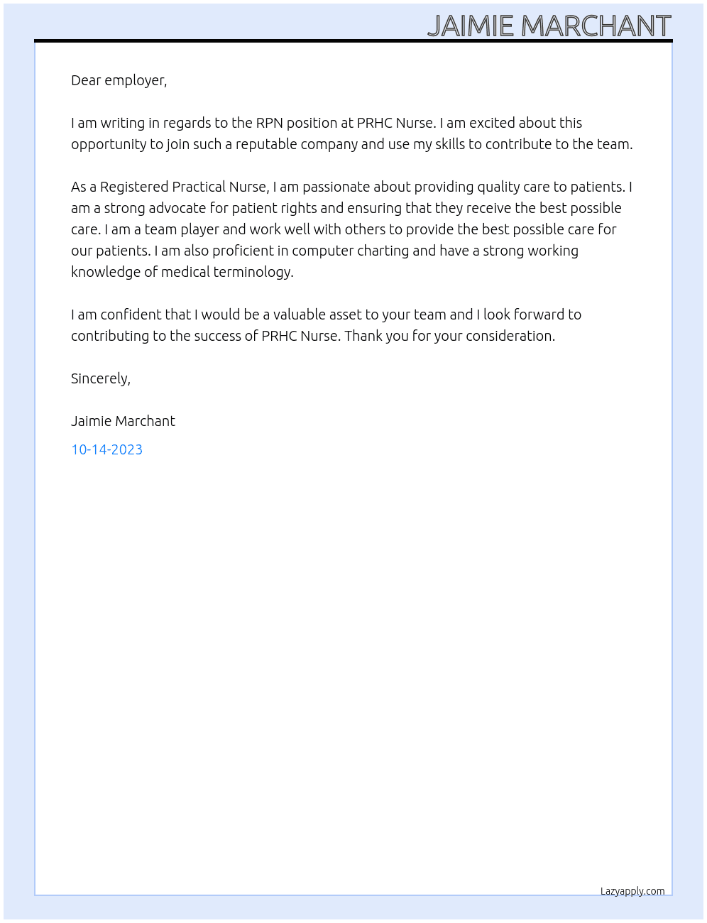 rpn At prhc nurse Cover Letter