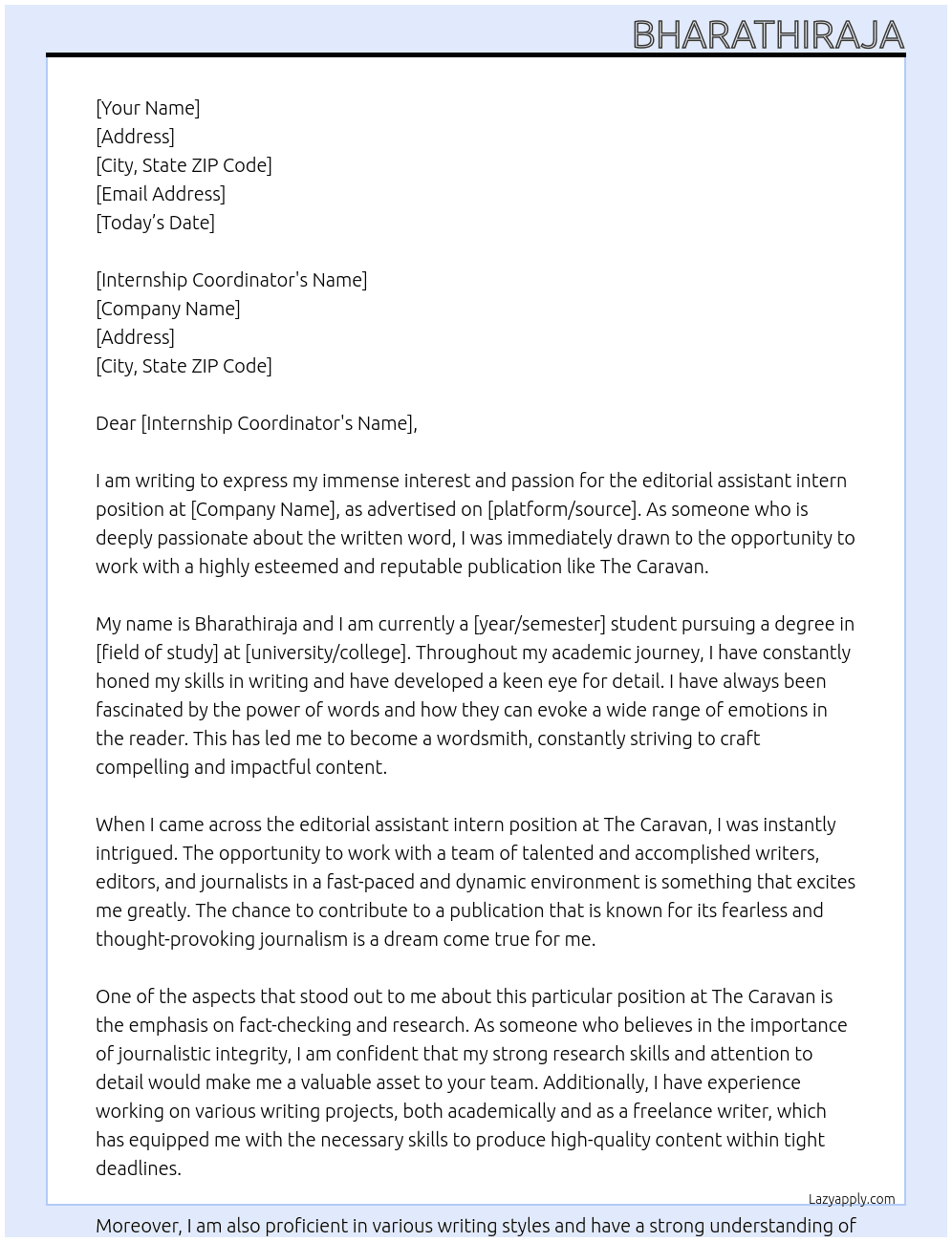 Editorial assistant intern  At The Caravan Cover Letter