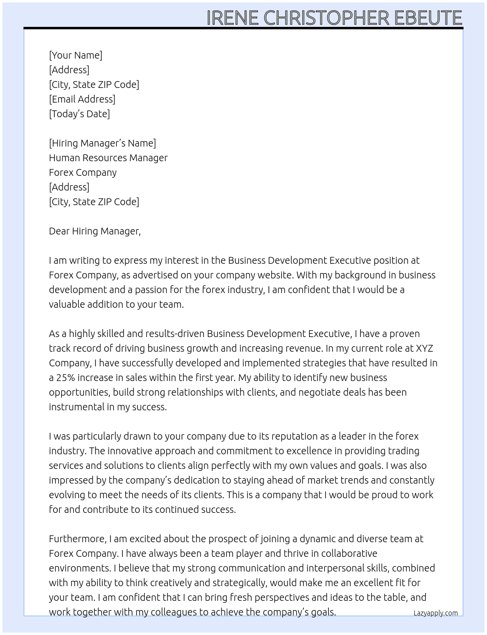 Business Development Executive  At Forex Company Cover Letter