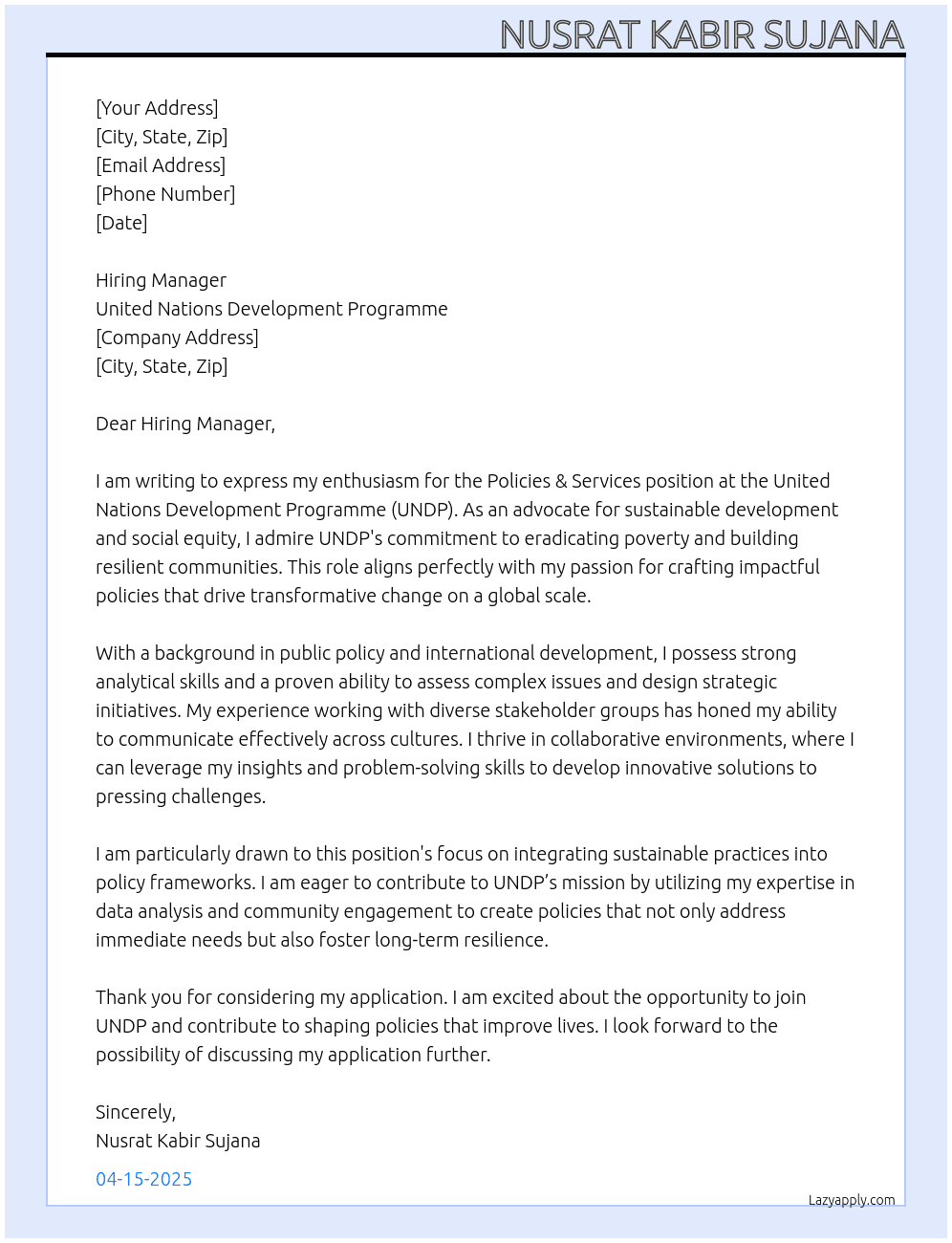 Cover letter for policies & services - LazyApply