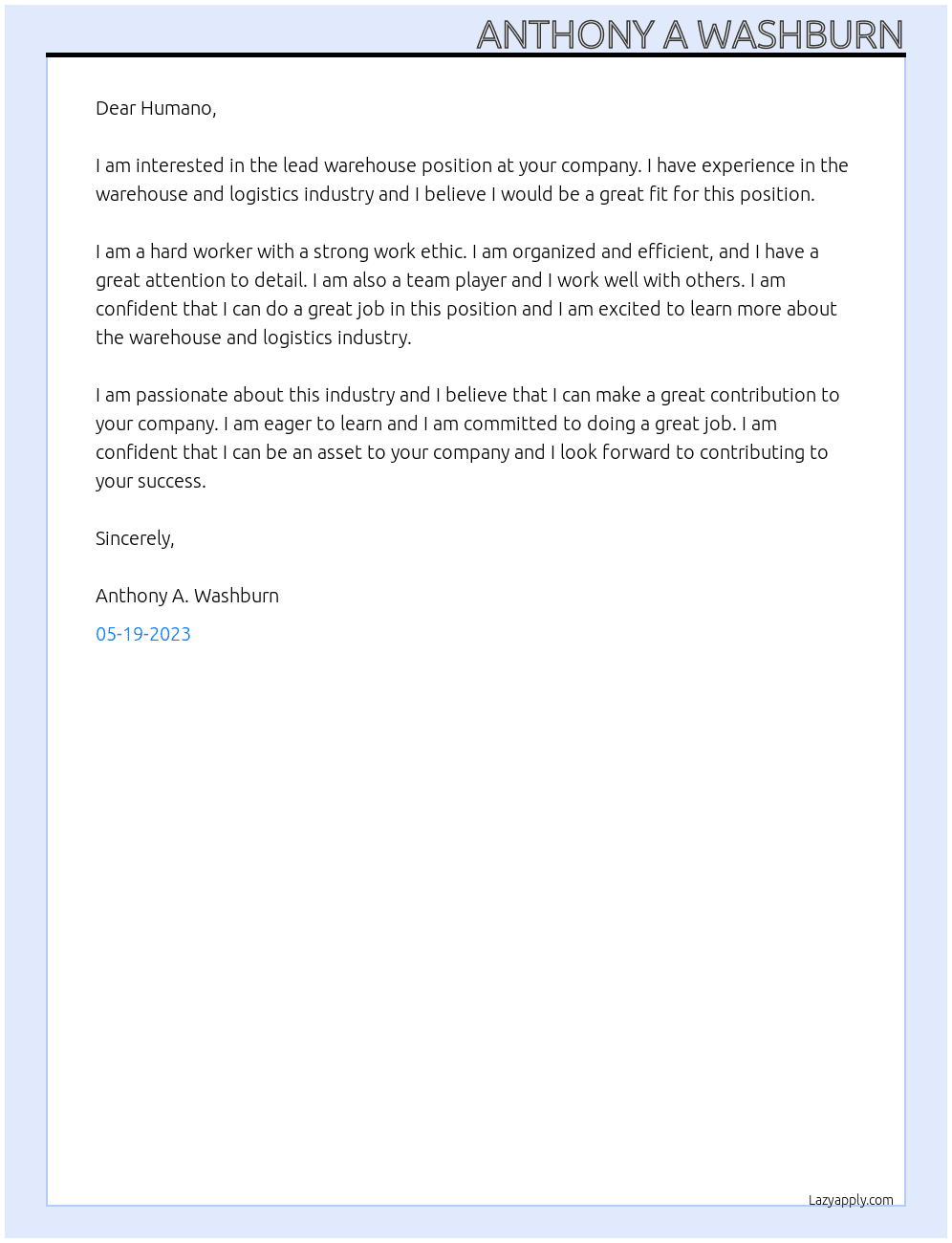 Lead warehouse  At Humano Cover Letter