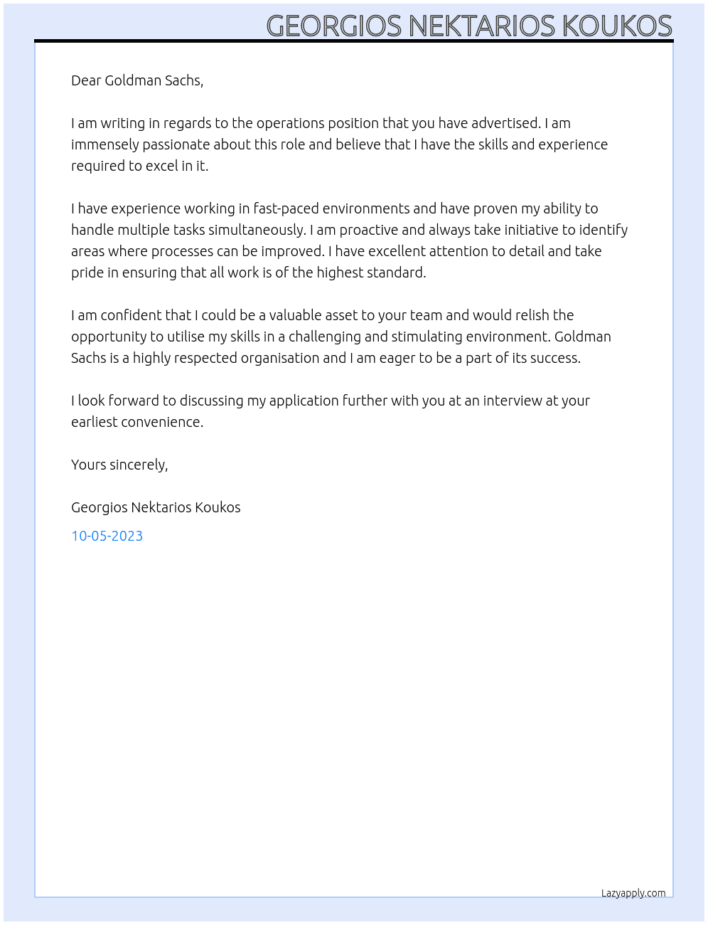 Operations At Goldman Sachss Cover Letter