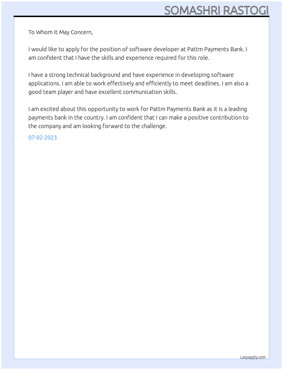 software developer  At pattm payments bank Cover Letter