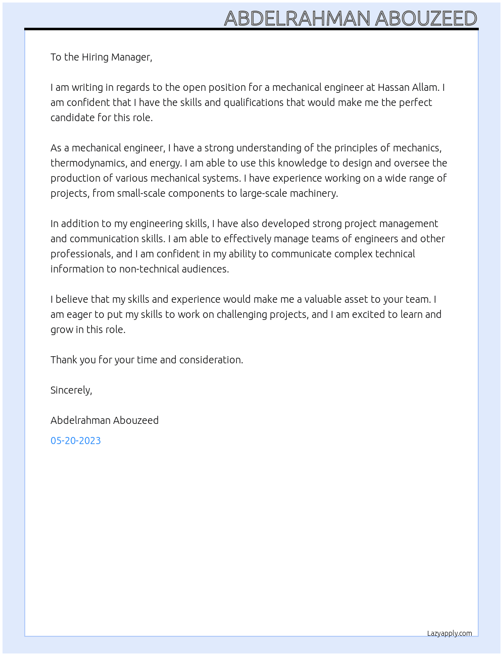 Mechanical Engineer At Hassan Allam Cover Letter