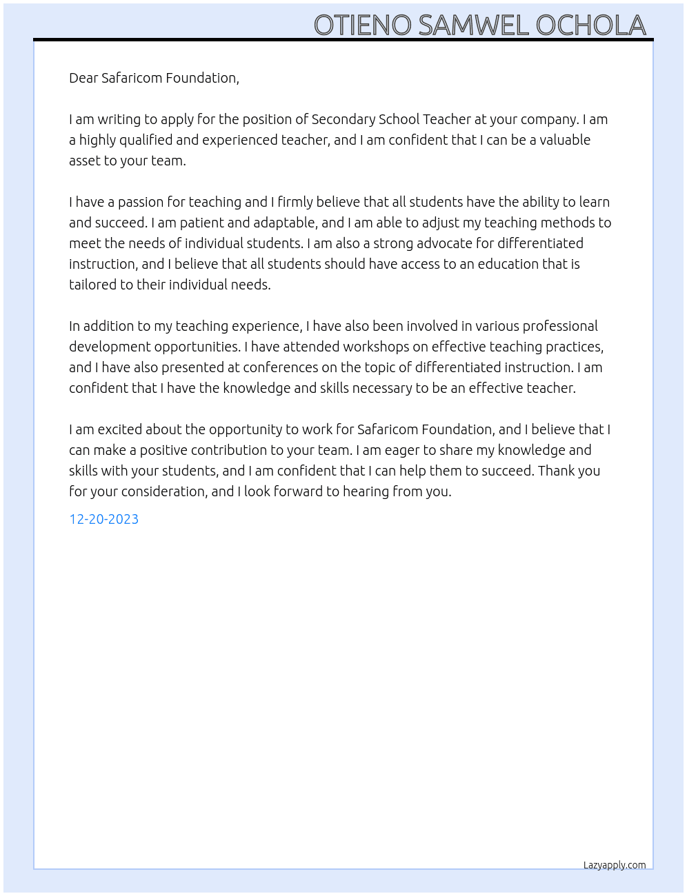 Secondary school teacher  At Safaricom Foundation  Cover Letter