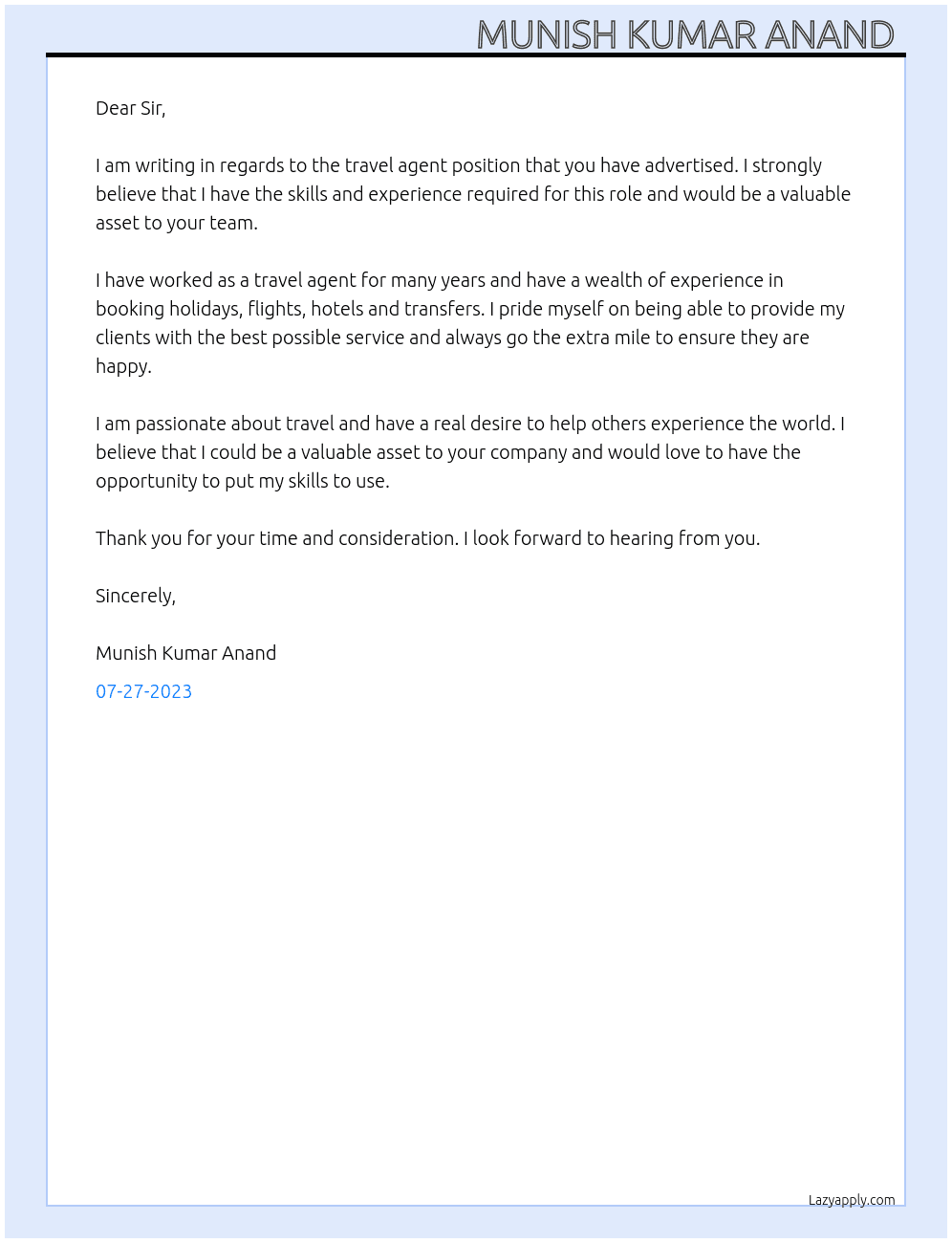 Travel agent  At General virtual assistant  Cover Letter