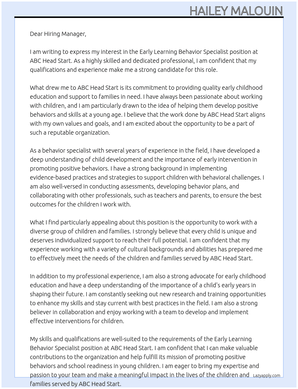 Early Learning Behavior Specialist At ABC Head Start Cover Letter