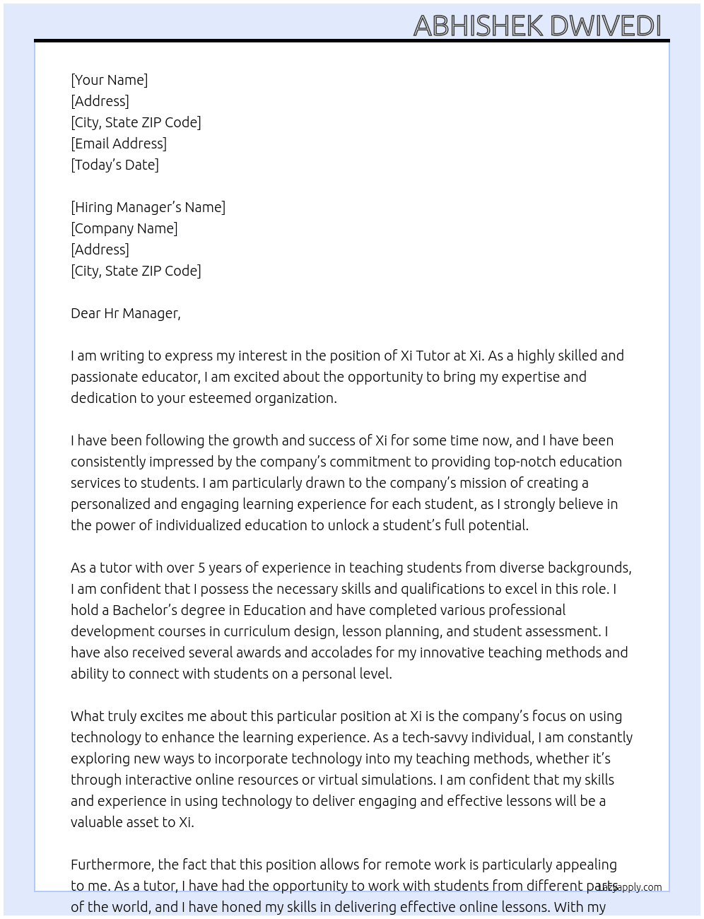 Xi Tutor At Xi Cover Letter