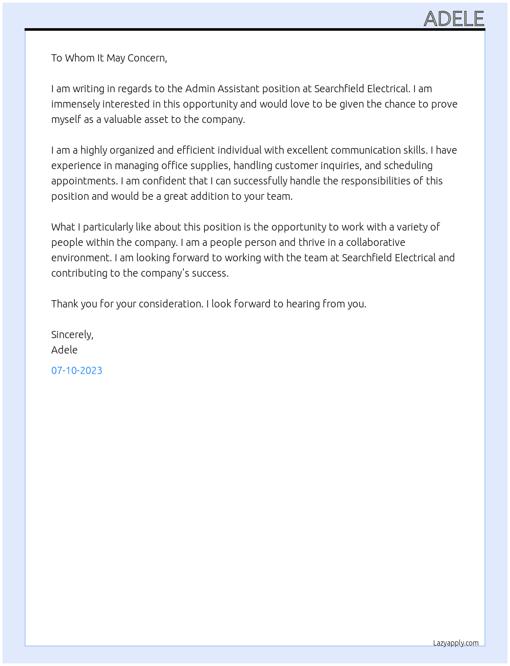 Admin Assistant At Searchfield Electrical Cover Letter