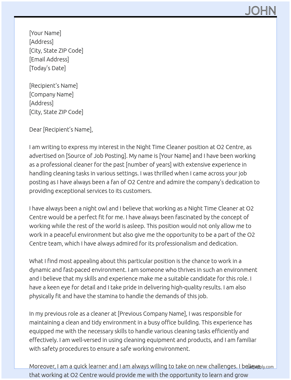 Night time Cleaner At O2 Centre Cover Letter