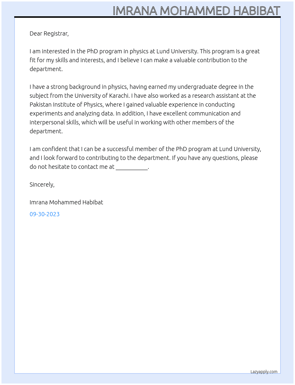 PhD program in physics At Lund University, Faculty of science, Department of Physics. Cover Letter