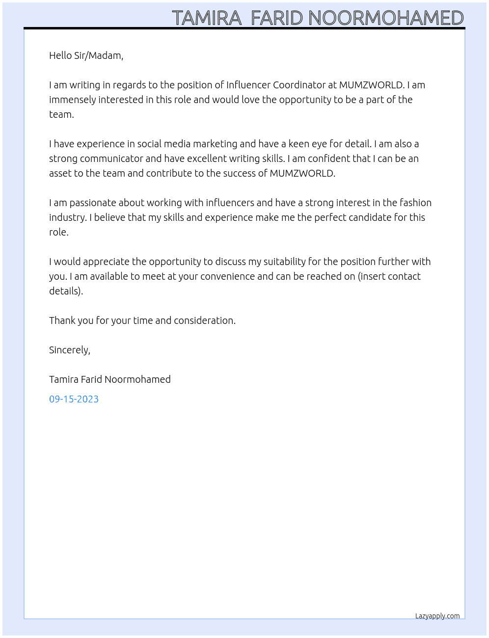 influencer coordinator  At MUMZWORLD Cover Letter