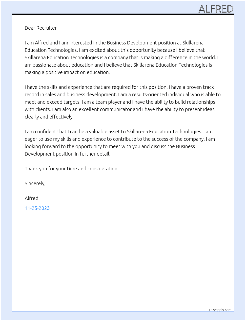Business Development  At Skillarena Education Technologies Cover Letter