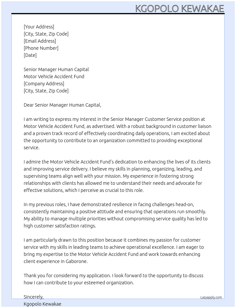 Senior Manager Customer Service At Motor Vehicle Accident Fund Cover Letter